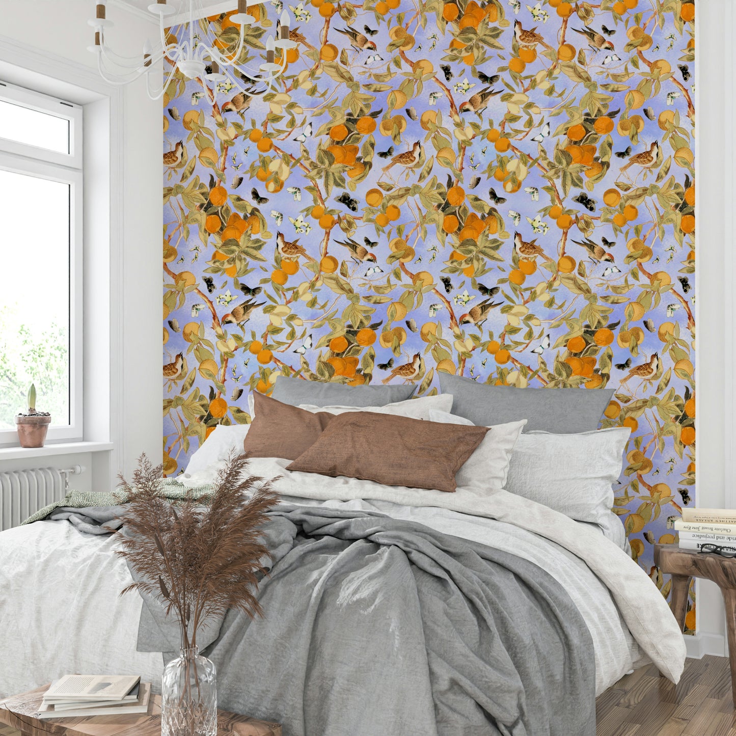 Hand-painted lemon and orange mural with floral accents.

