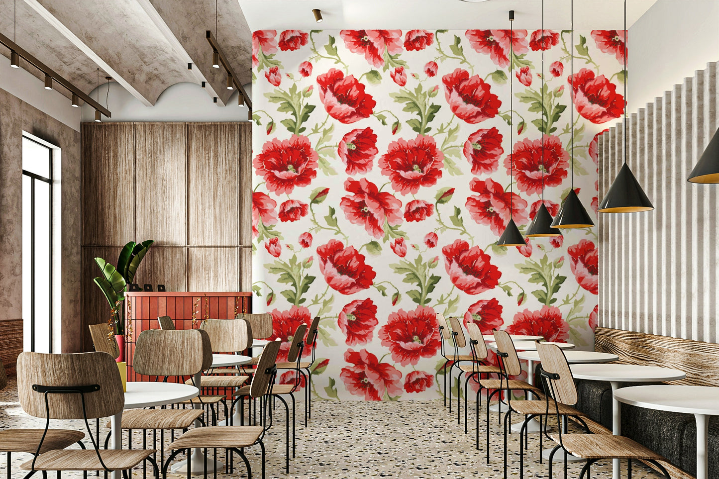 Watercolor Poppy Garden Wallpaper with soft red and blush poppies.

