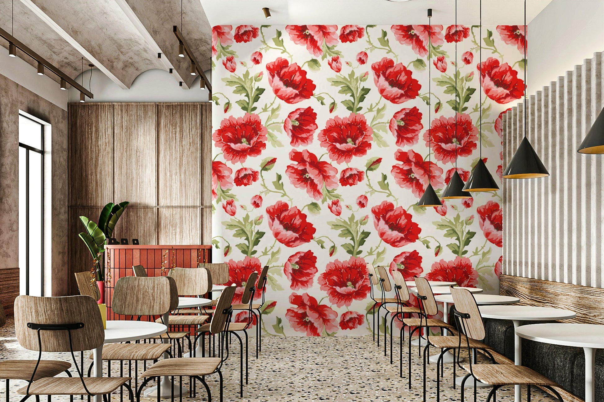Watercolor Poppy Garden Wallpaper with soft red and blush poppies.

