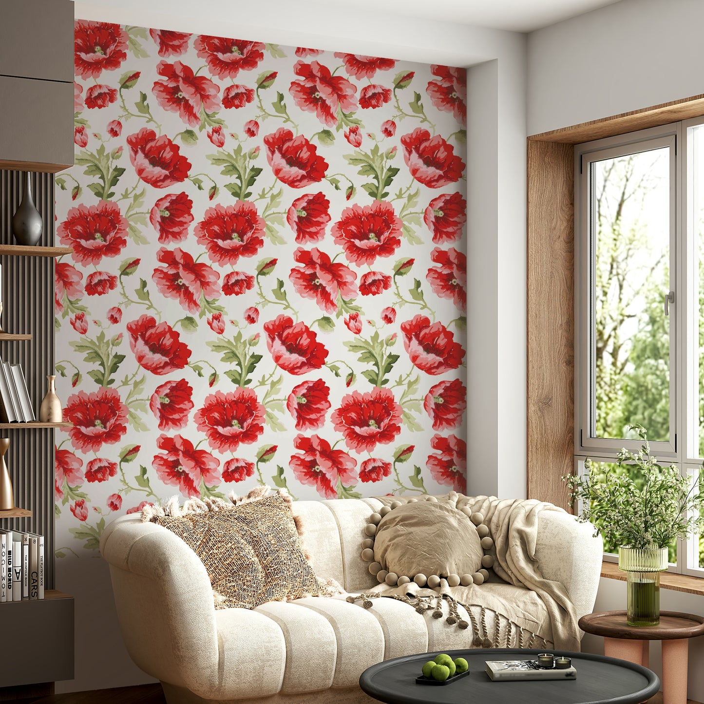 Light floral wallpaper with coral and pink poppies on a soft backdrop.

