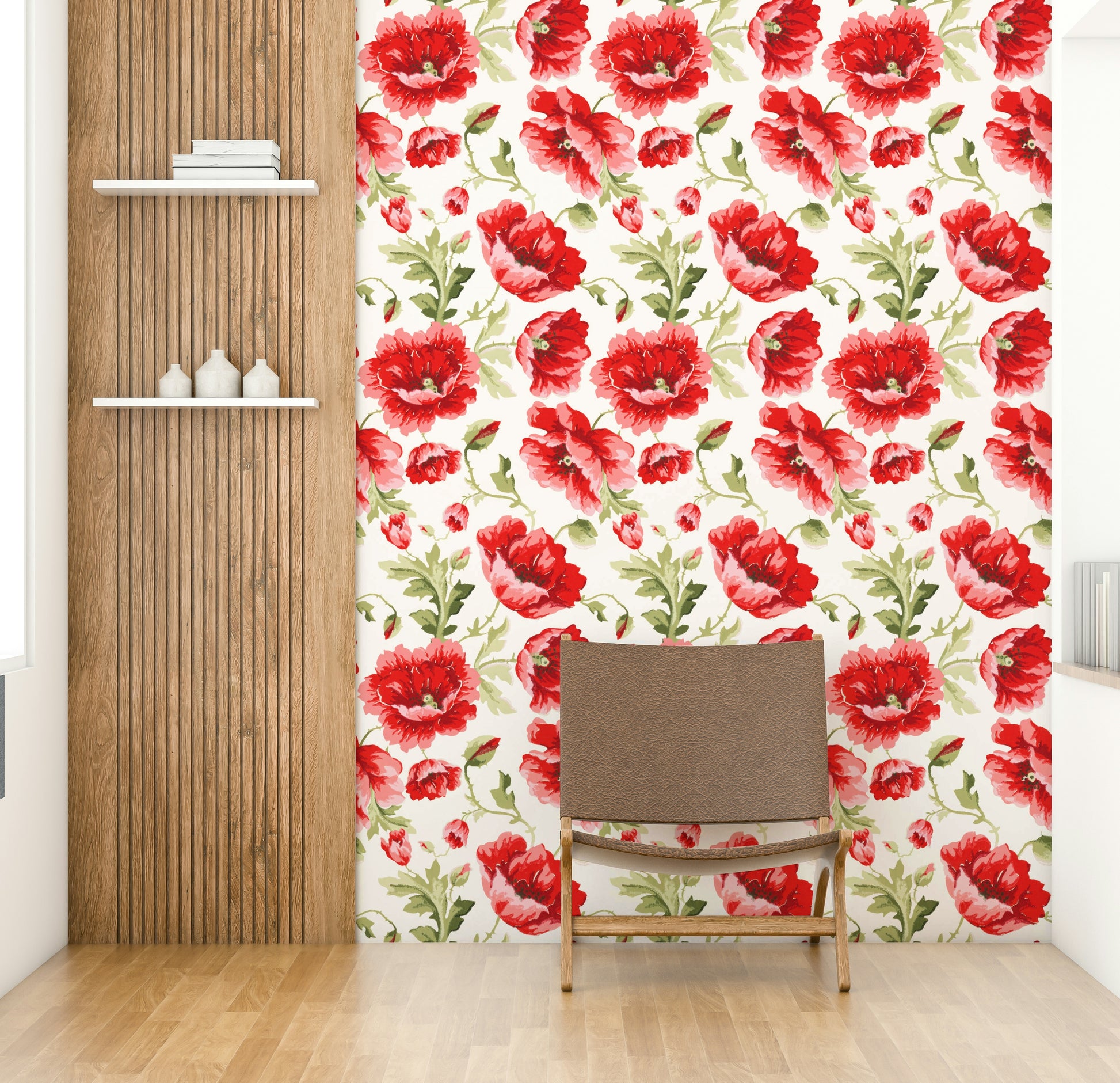 Watercolor-style wall mural with blooming poppies and green leaves.

