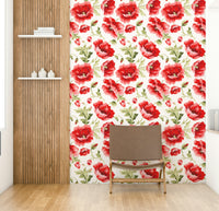 Watercolor-style wall mural with blooming poppies and green leaves.

