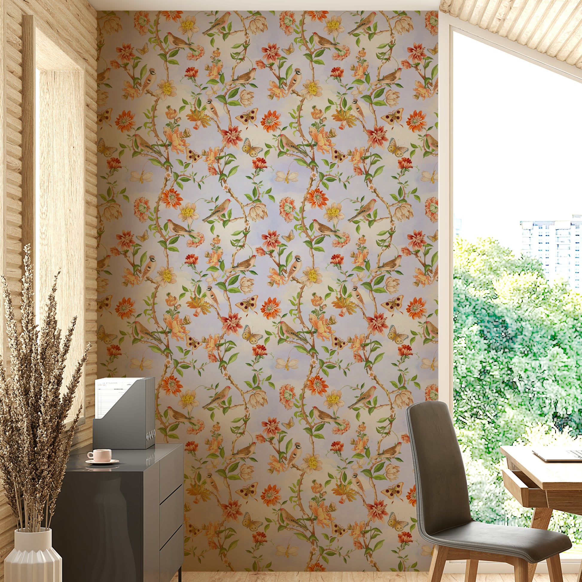 Botanical wallpaper featuring soft birds and intricate flower clusters.

