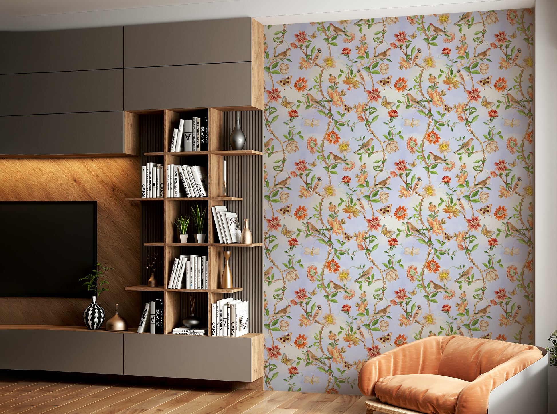 Light cream wallpaper with trailing vines, birds, and delicate blossoms.

