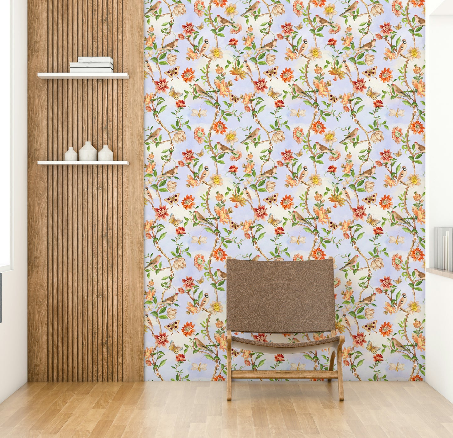 Romantic floral mural featuring perched birds and pastel florals.

