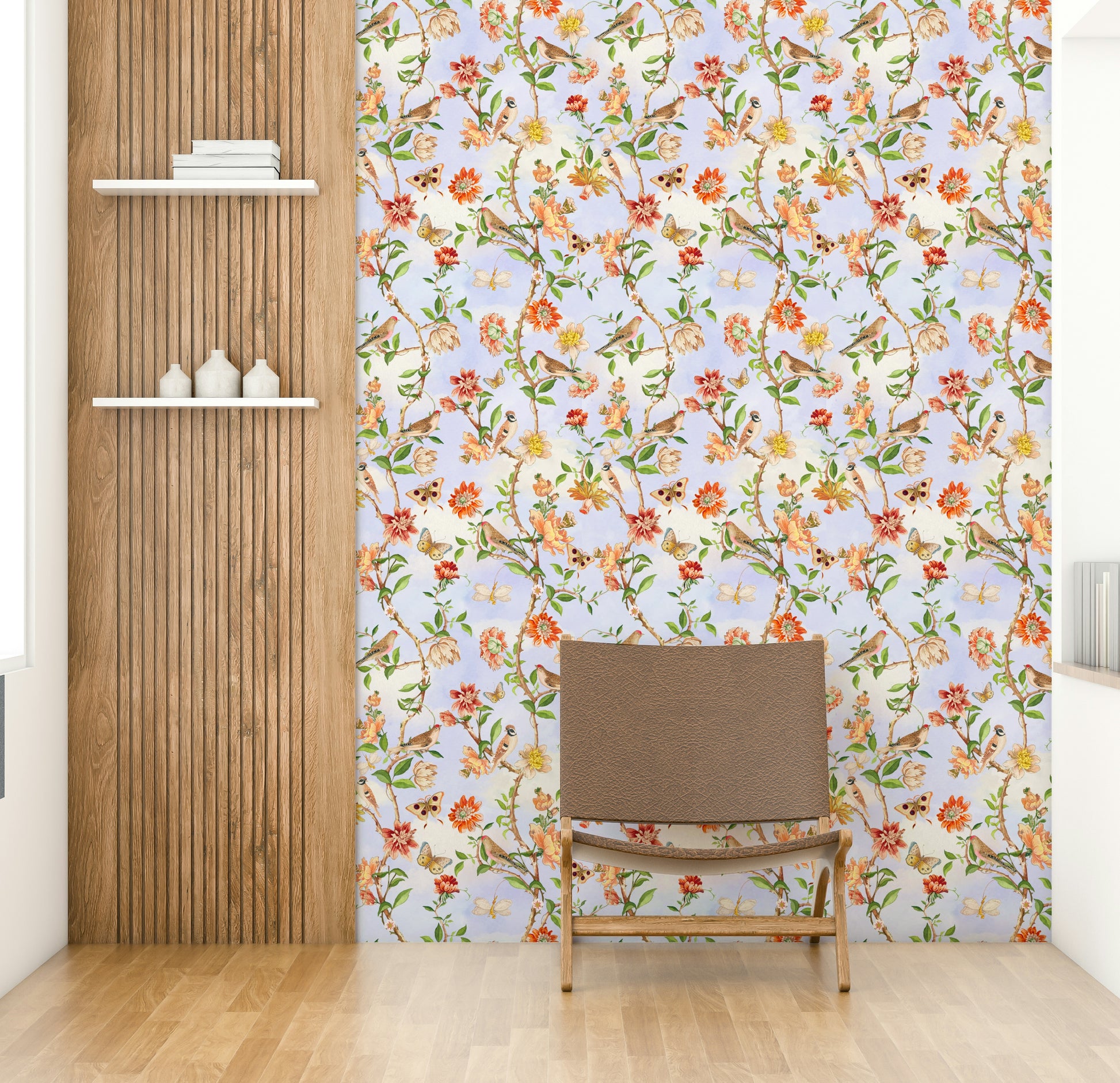 Romantic floral mural featuring perched birds and pastel florals.

