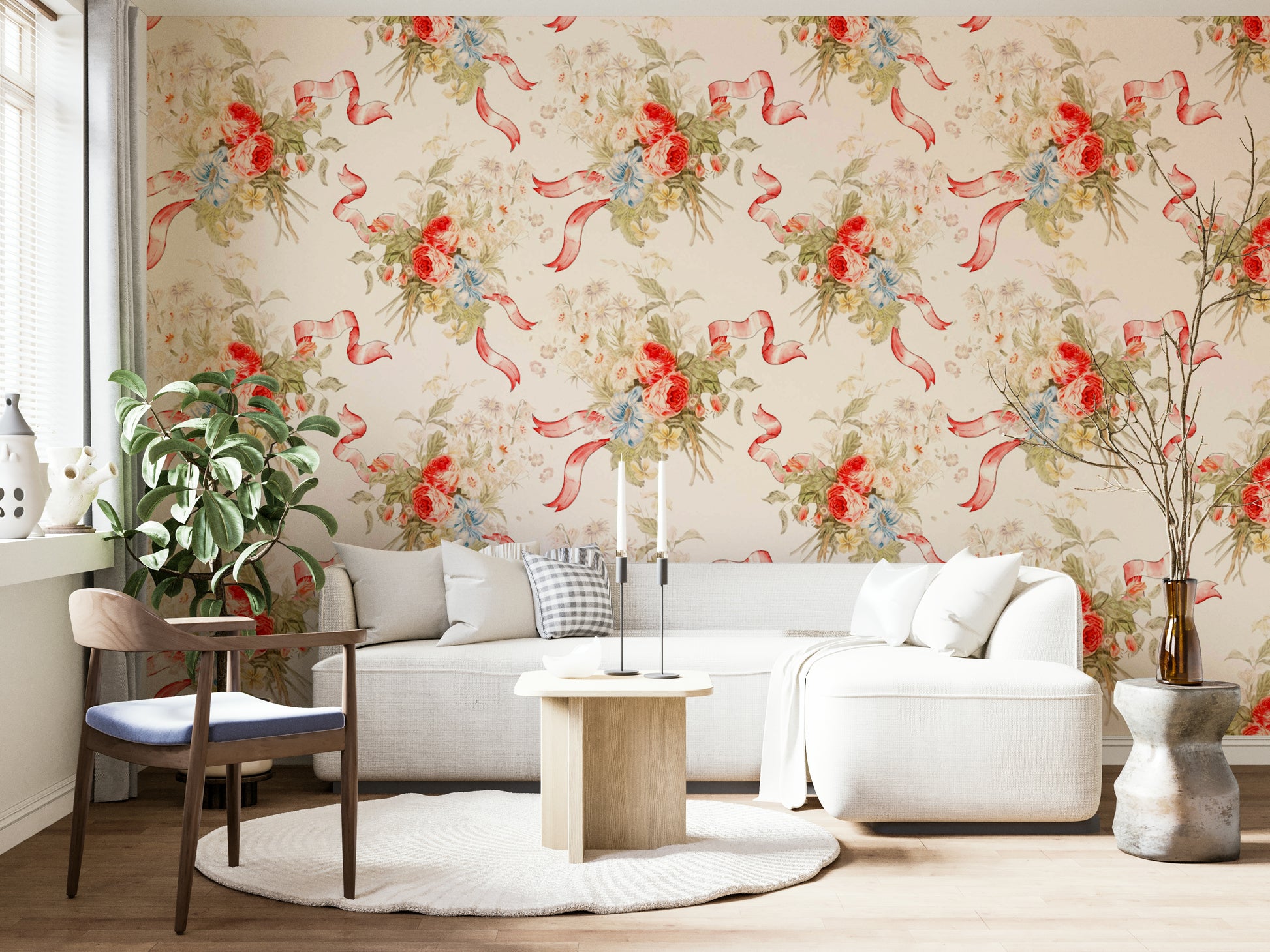 Whimsical rose mural featuring florals and classic stripe design.

