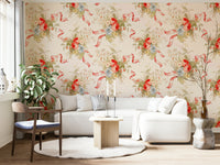 Whimsical rose mural featuring florals and classic stripe design.

