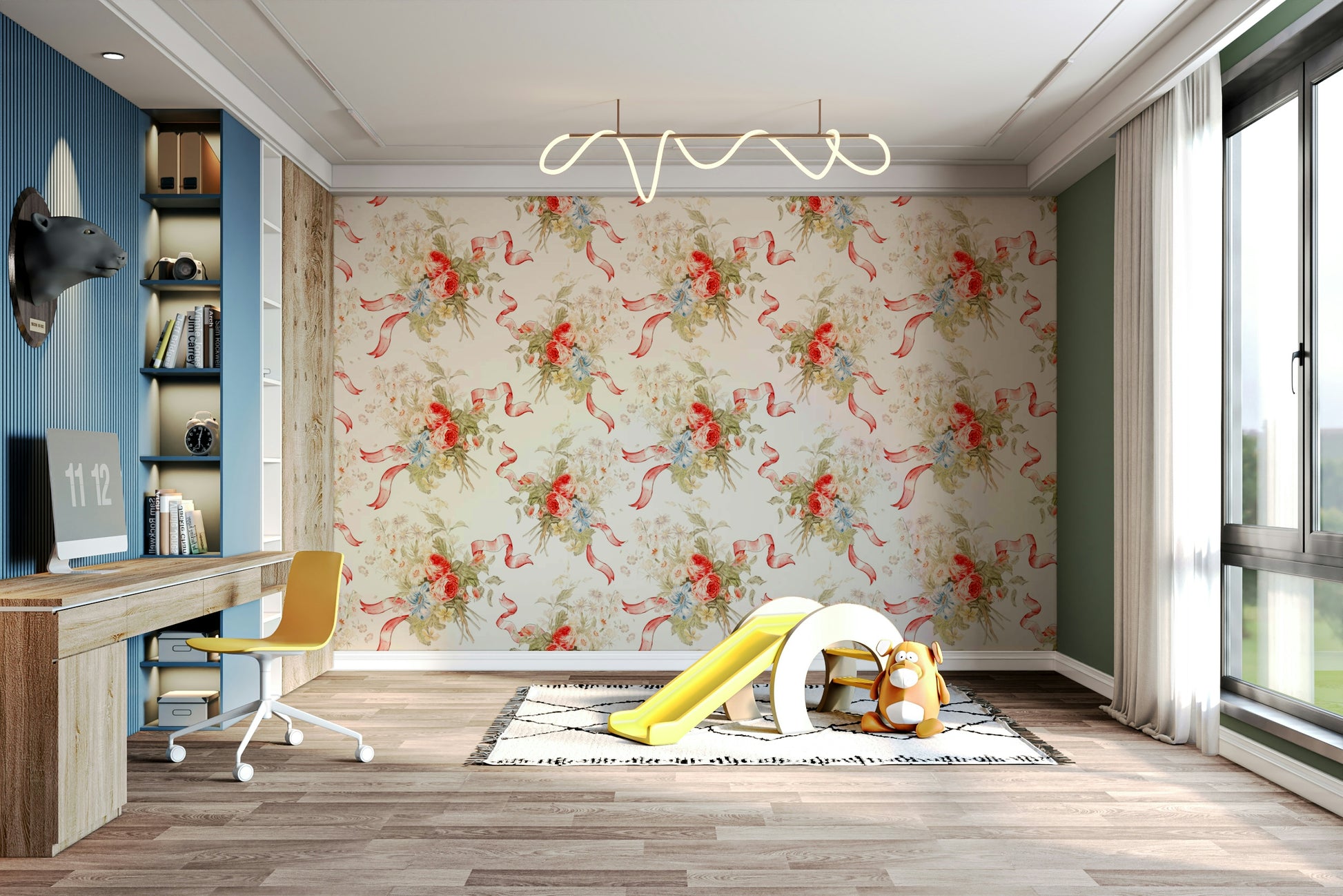 Vintage-inspired wallpaper with roses and white-blue vertical stripes.


