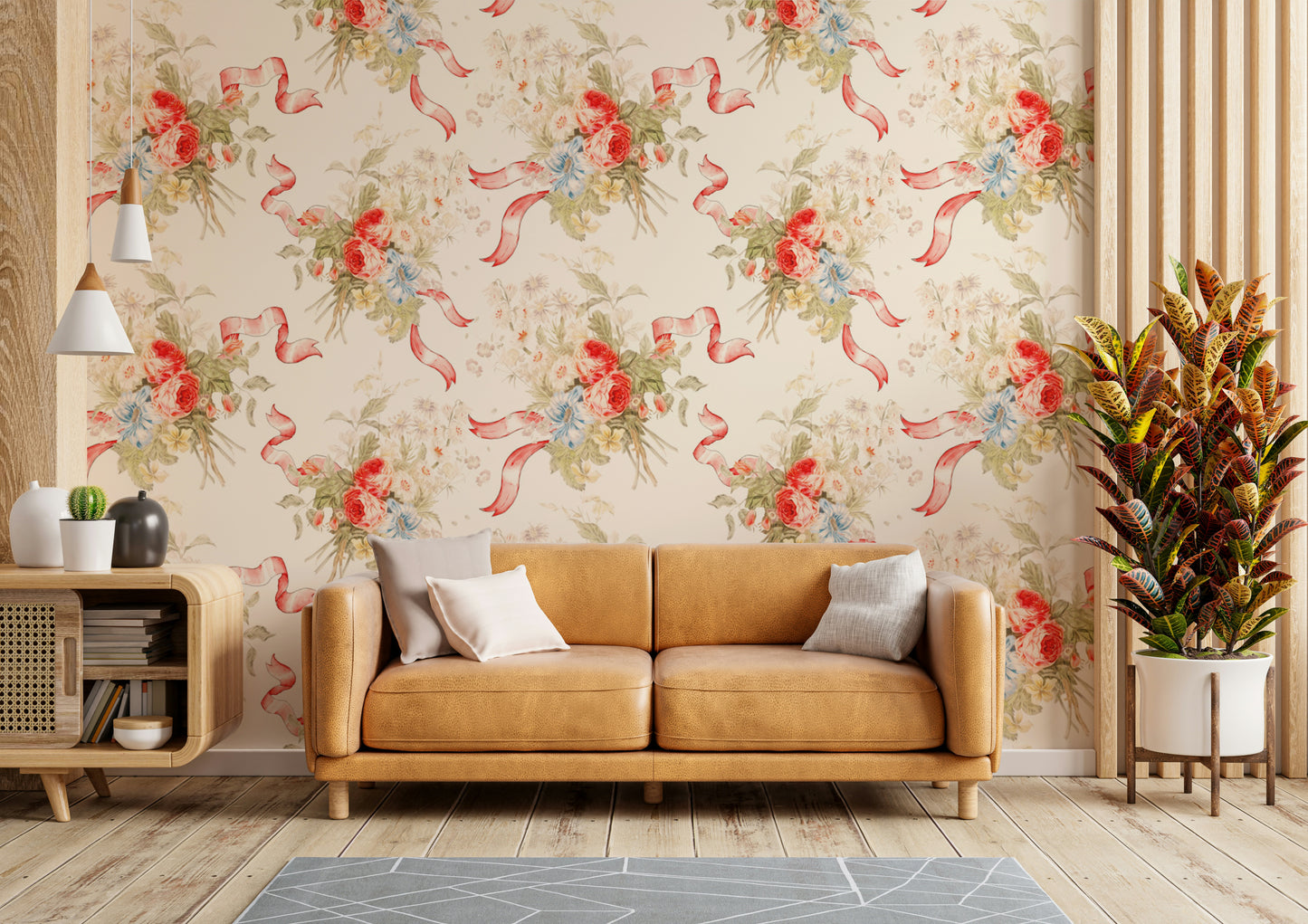 Cheerful floral wallpaper for bedrooms or vintage-inspired spaces.

