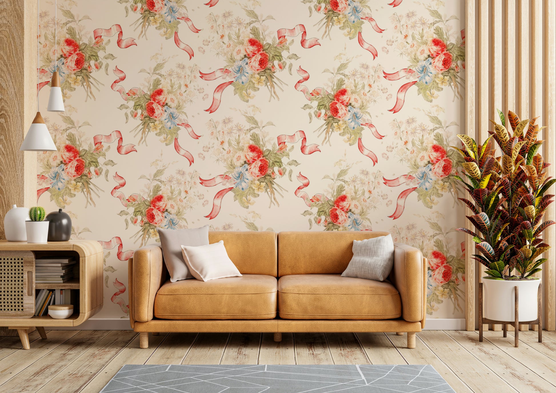 Cheerful floral wallpaper for bedrooms or vintage-inspired spaces.

