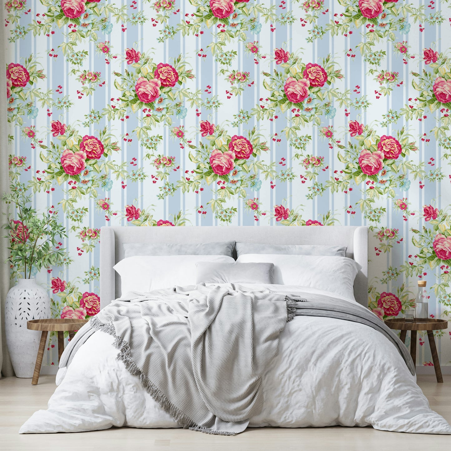 Wallpaper featuring vintage-style roses with a striped design.

