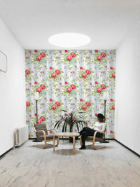 Romantic wallpaper with structured stripes and soft floral charm.


