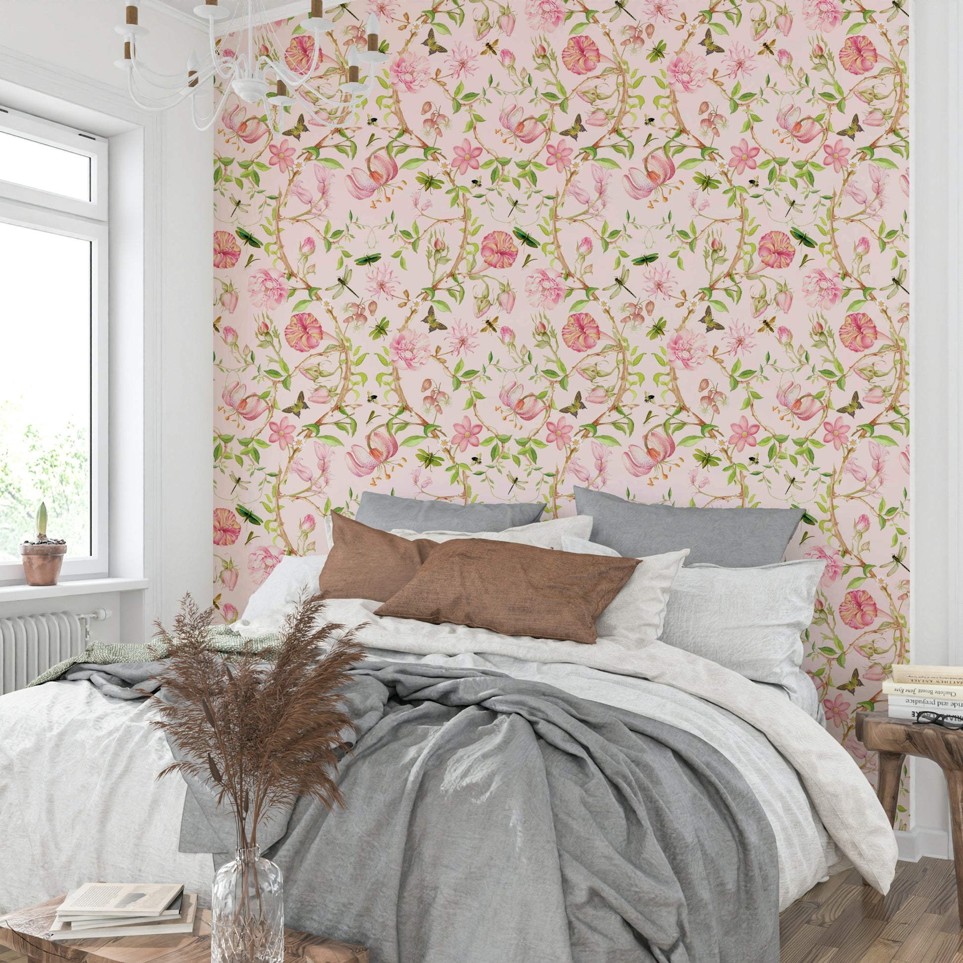 Secret garden-inspired wallpaper with gentle colors and nature motifs.

