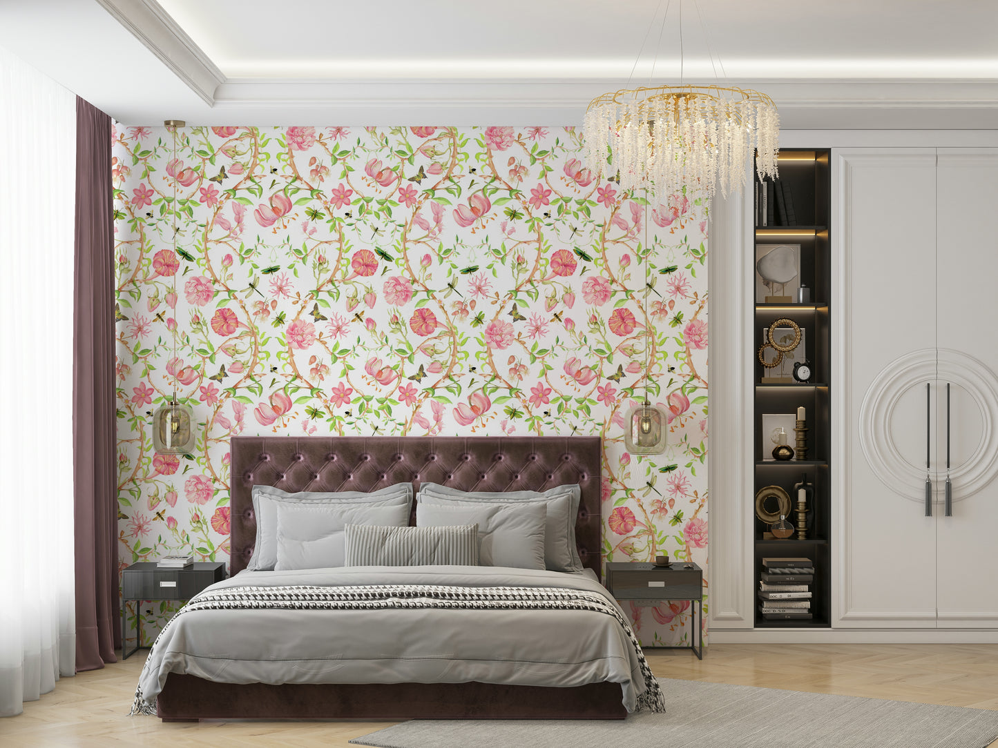 Pink Paradise Bloom Wallpaper with soft peach florals and birds.

