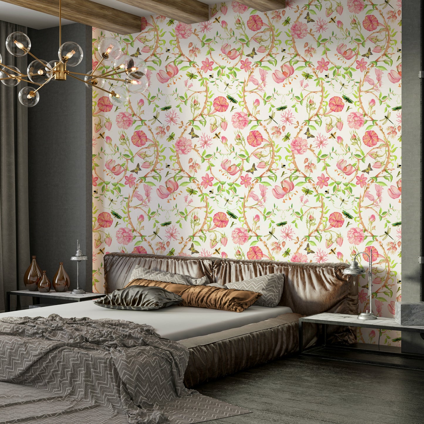 Romantic chinoiserie mural with soft florals and light tones.

