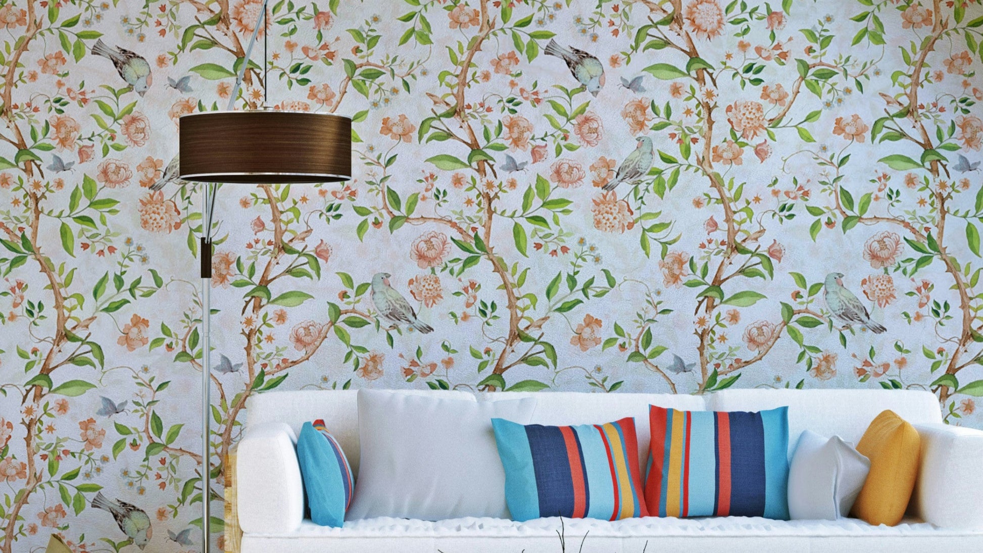 Enchanted Chinoiserie Garden Wallpaper with birds and watercolor florals.

