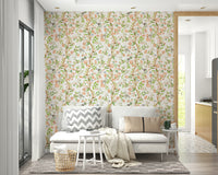 Pastel chinoiserie wall mural featuring soft blooms and branches.

