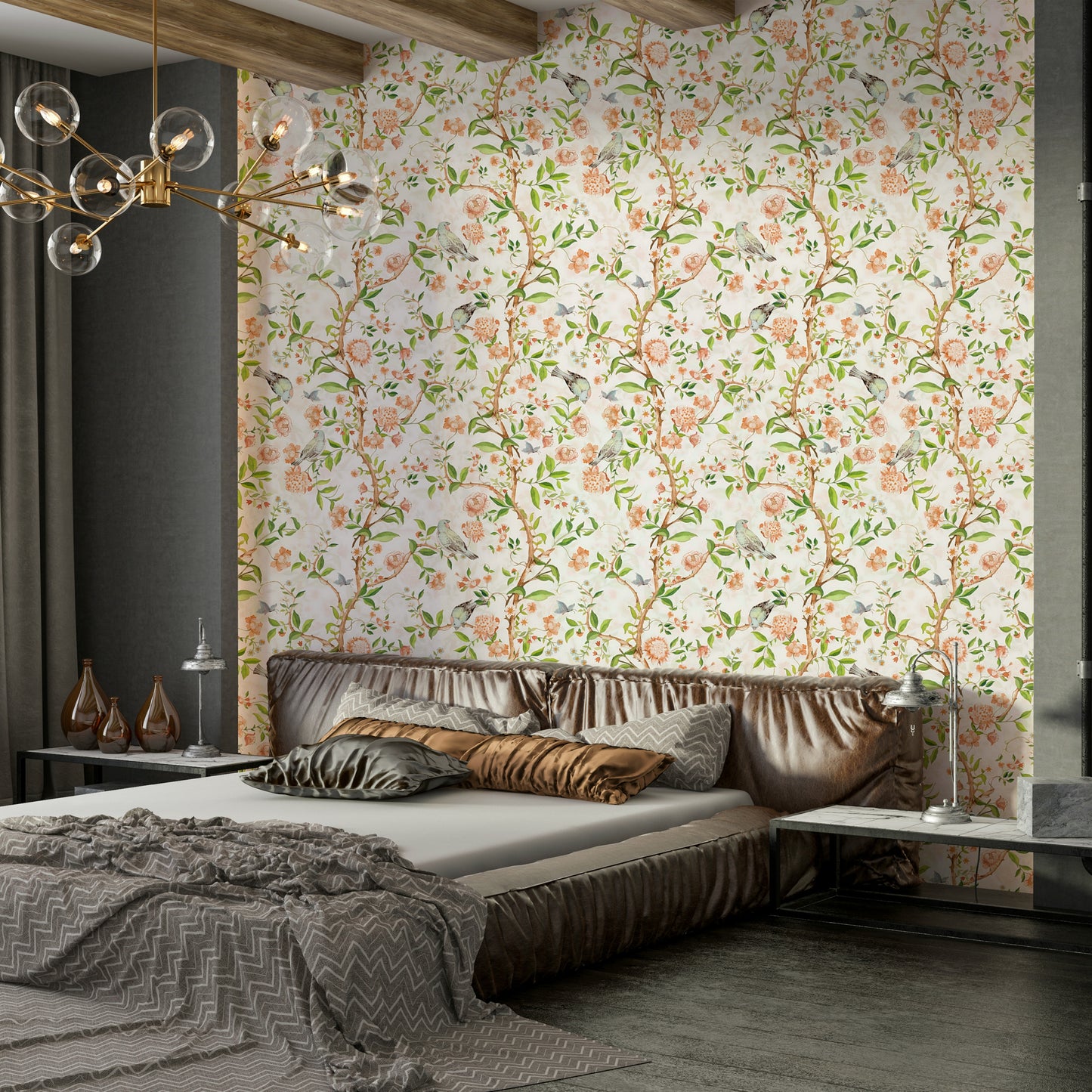Enchanted Chinoiserie Garden wallpaper with watercolor botanical elements.

