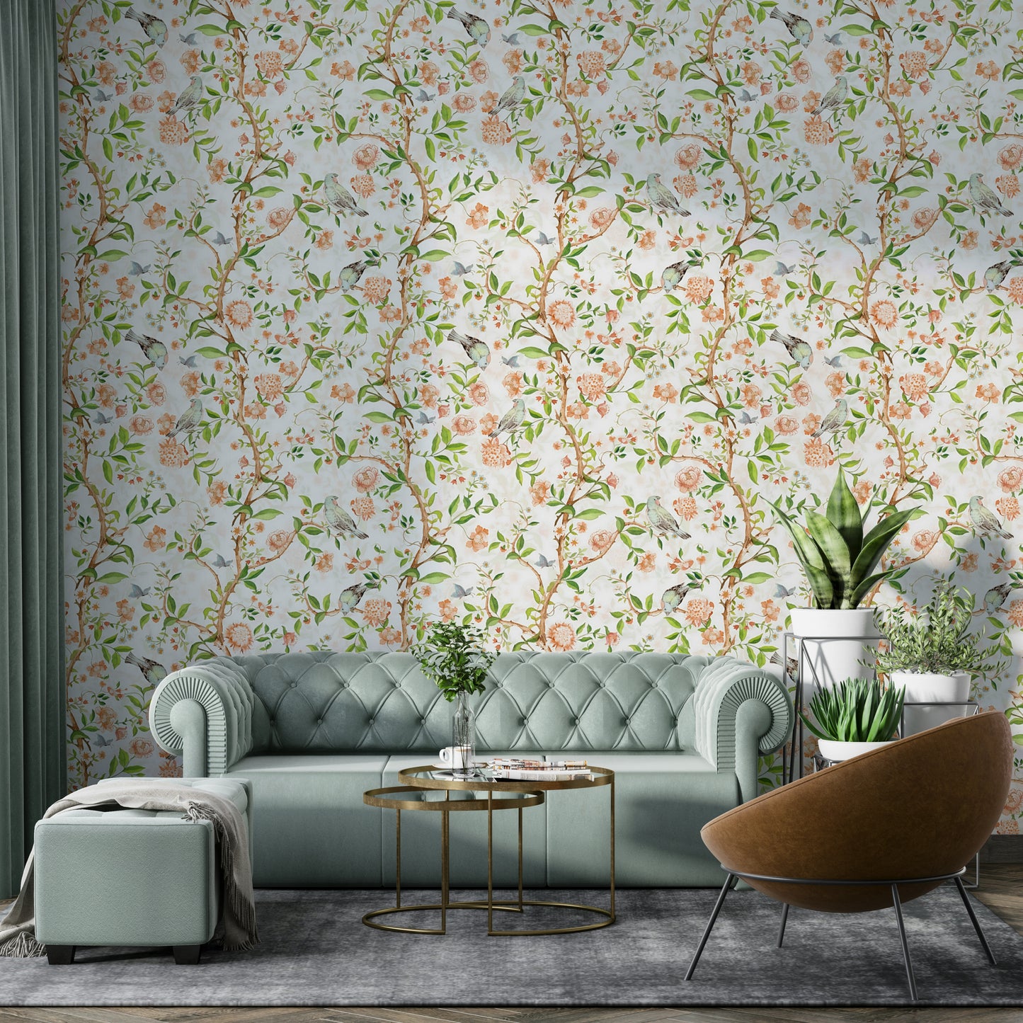 Elegant wallpaper with painted birds and delicate pink flowers.

