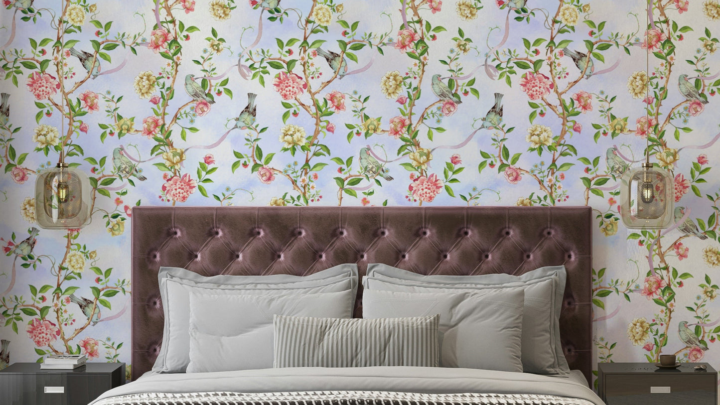 Gentle floral wallpaper with artistic brushstroke textures.


