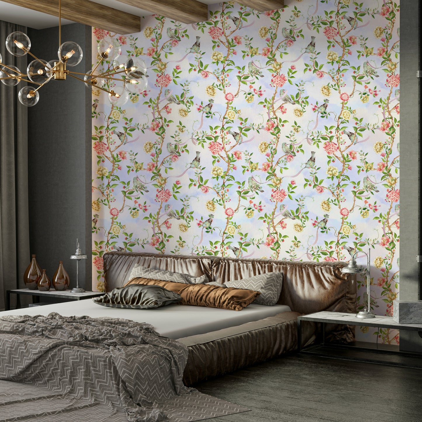 Hand-painted floral wallpaper with classic chinoiserie design.

