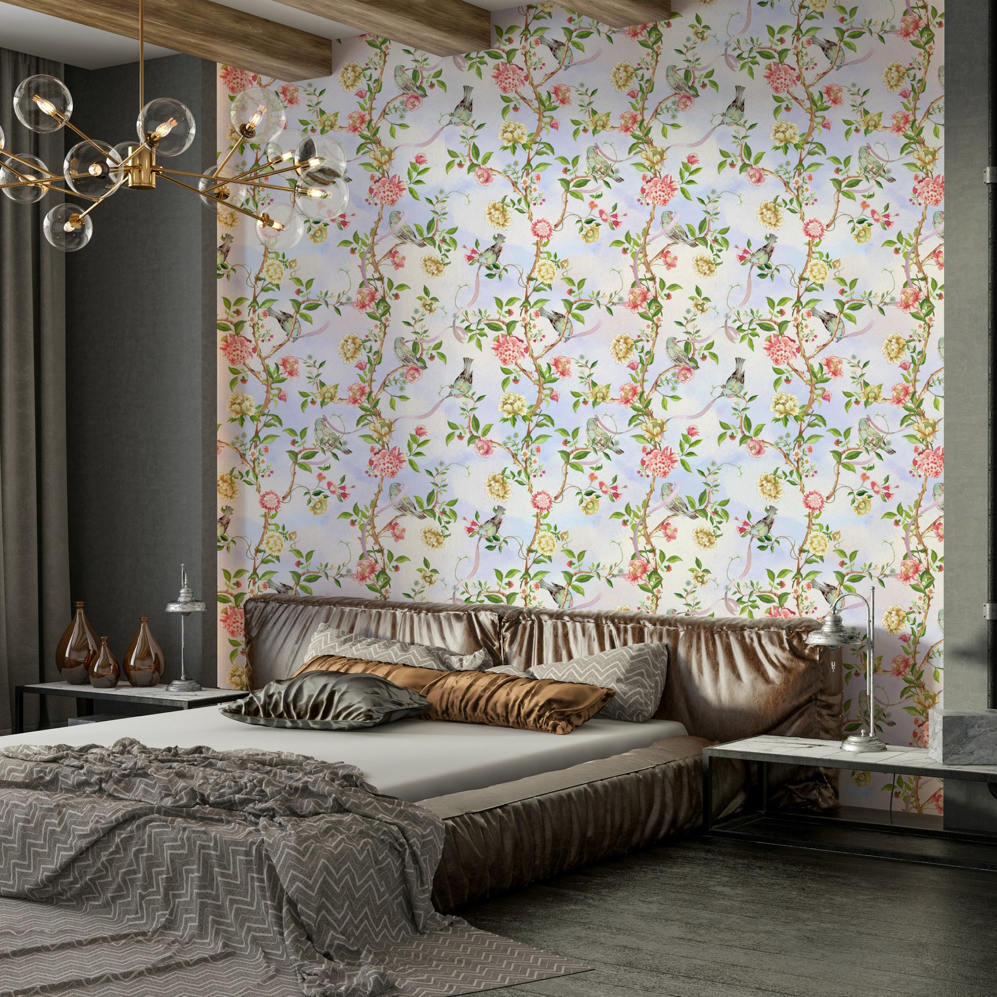Hand-painted floral wallpaper with classic chinoiserie design.

