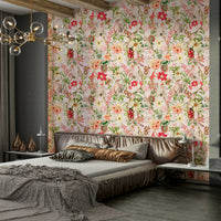 Creative wallpaper design with colorful jungle animals and florals.

