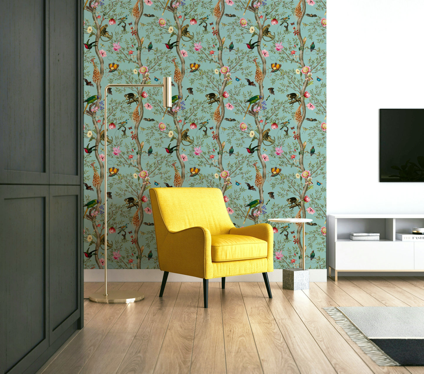 Tropical Paradise wall mural bursting with birds and foliage.


