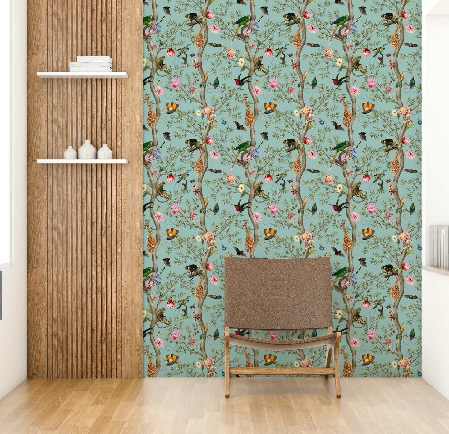 Vibrant wallpaper featuring jungle birds and green tropical vines.

