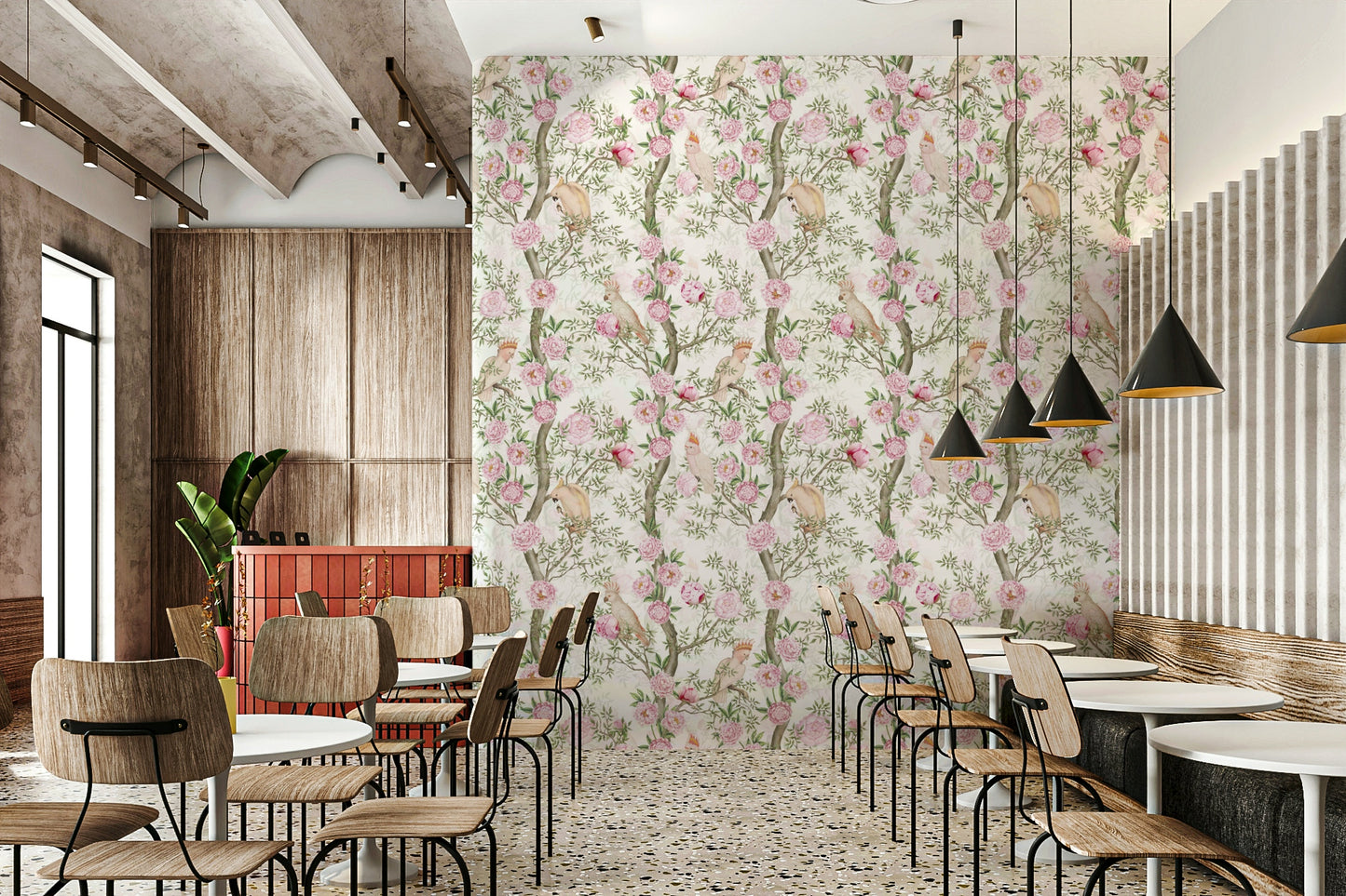 Vintage-inspired wallpaper with romantic birds and flowers.

