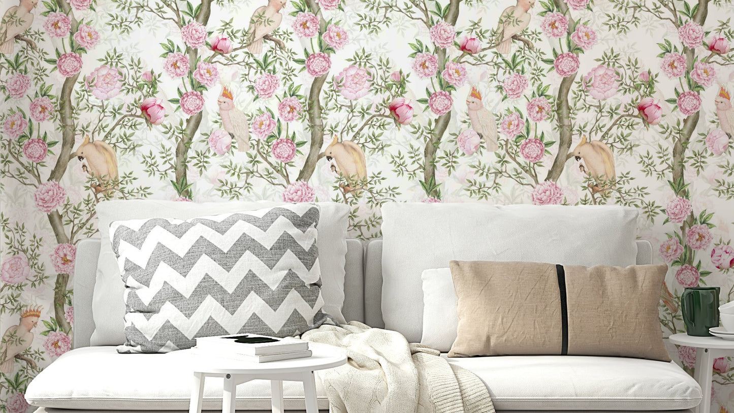 Blush Blossom & Birds Wallpaper with pink peonies and birds.

