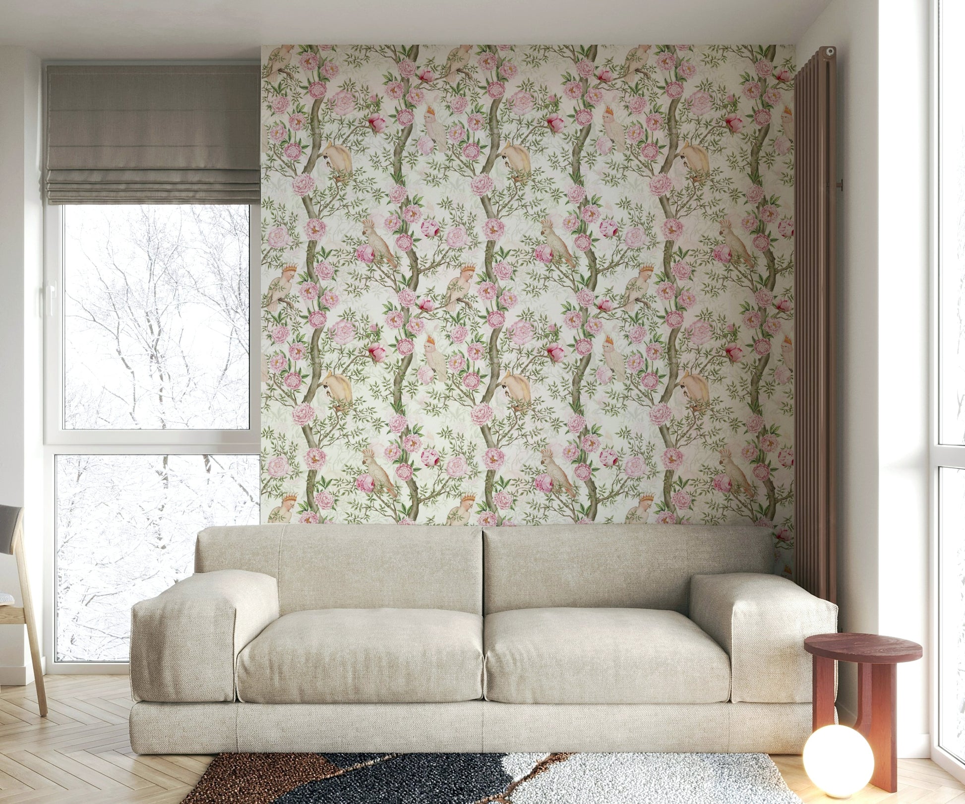 Wallpaper with birds resting on branches filled with peonies.

