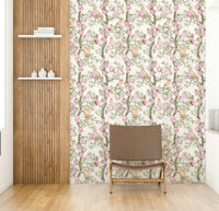 Parrot and peony mural wallpaper on a black background.

