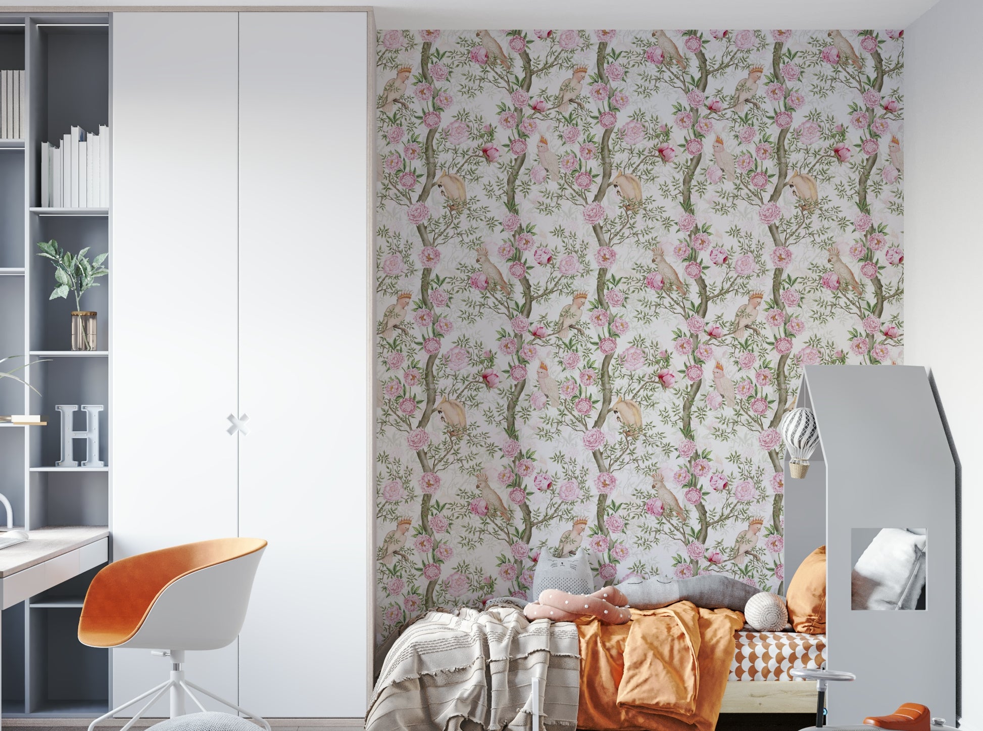 Bird and peony wallpaper offering contrast on dark tones.

