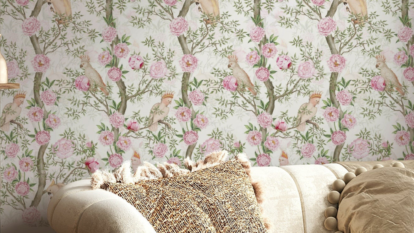 Blush Blossom & Bird Paradise Wallpaper with blush peonies and birds.

