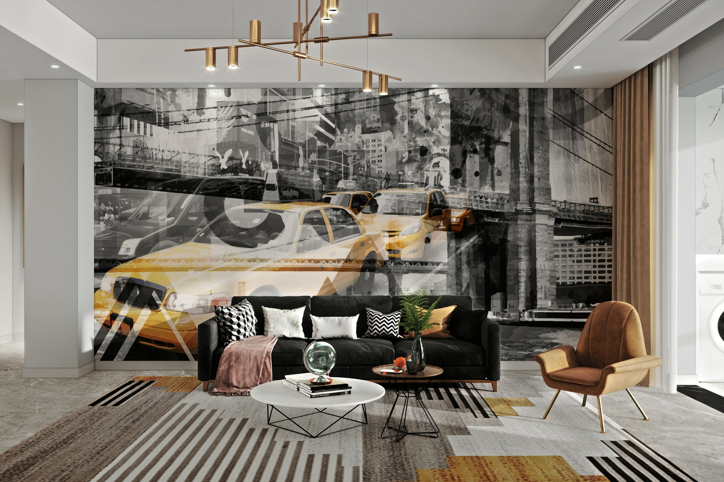 Decorative mural showing mixed-media cityscape

