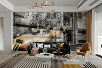 Decorative mural showing mixed-media cityscape

