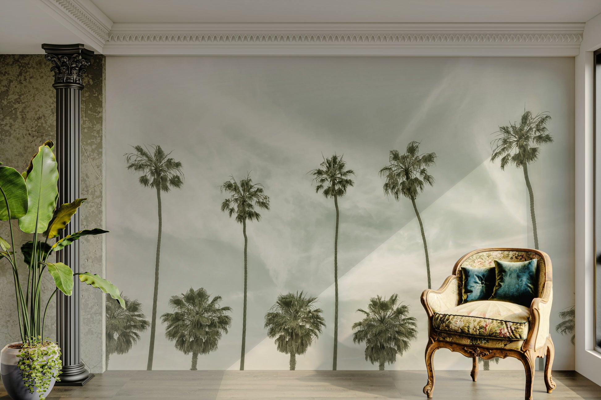 Palm trees mural wallpaper with vintage tropical design.


