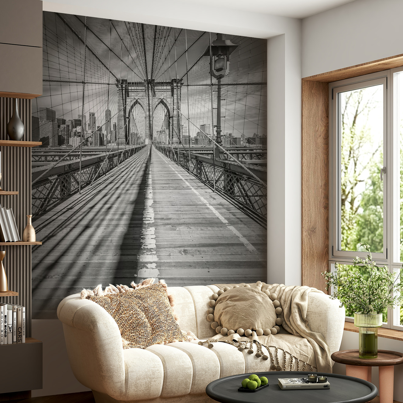 NEW YORK CITY Brooklyn Bridge Wall Mural in black and white.

