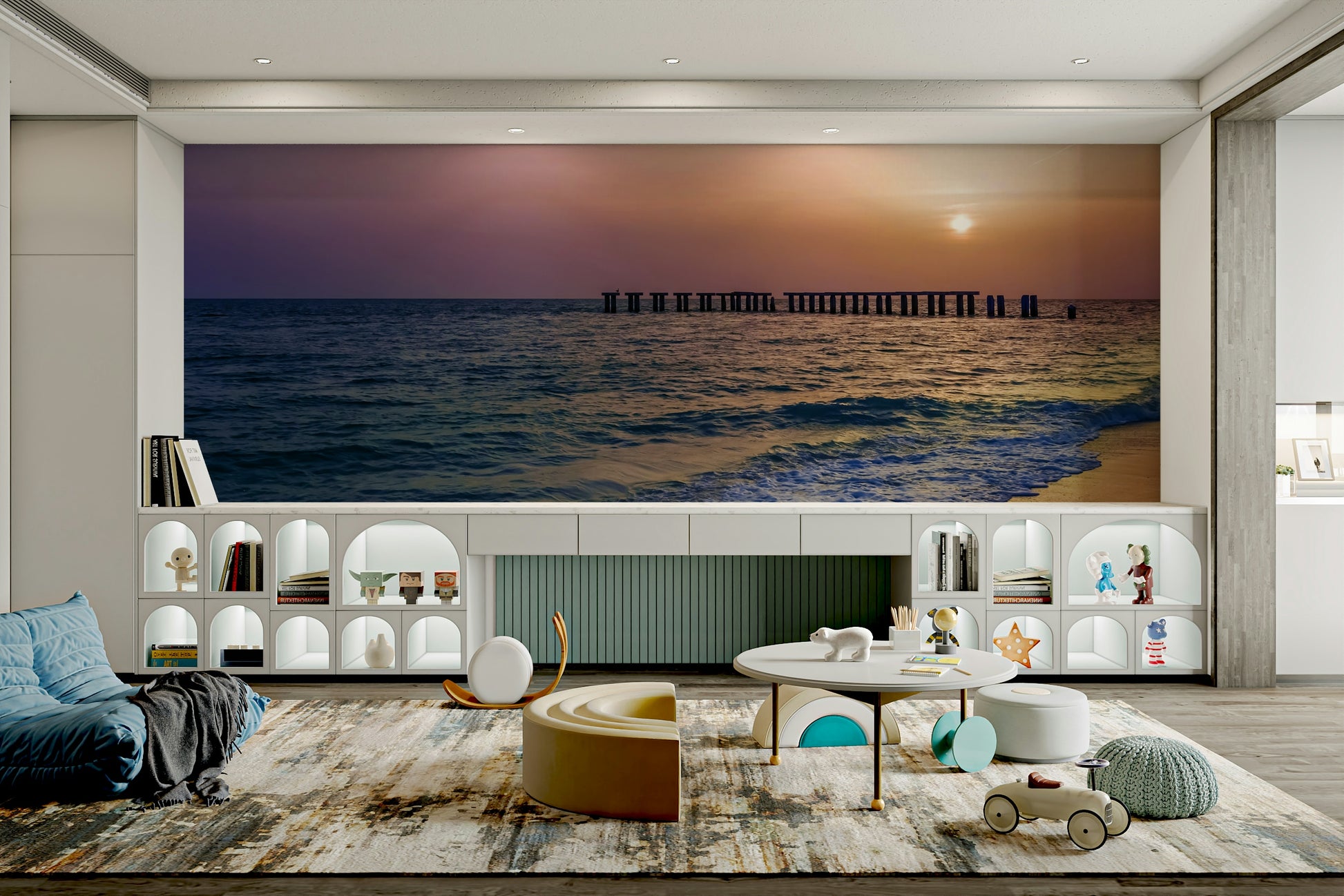 Serene beach scene mural with sunset glow

