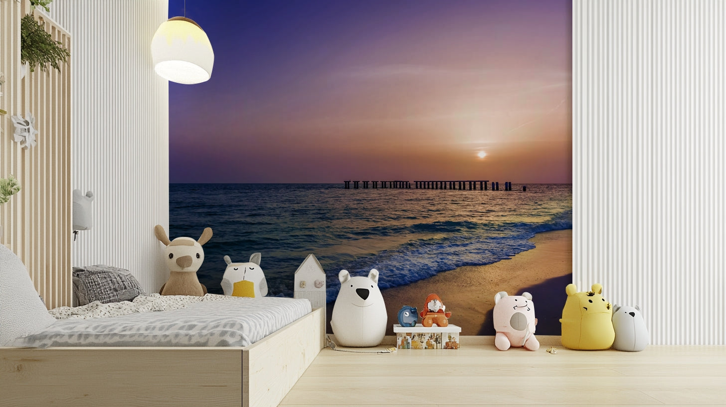 Coastal sunset wall mural in warm golden hues

