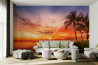 Tropical beach sunset mural with gentle waves

