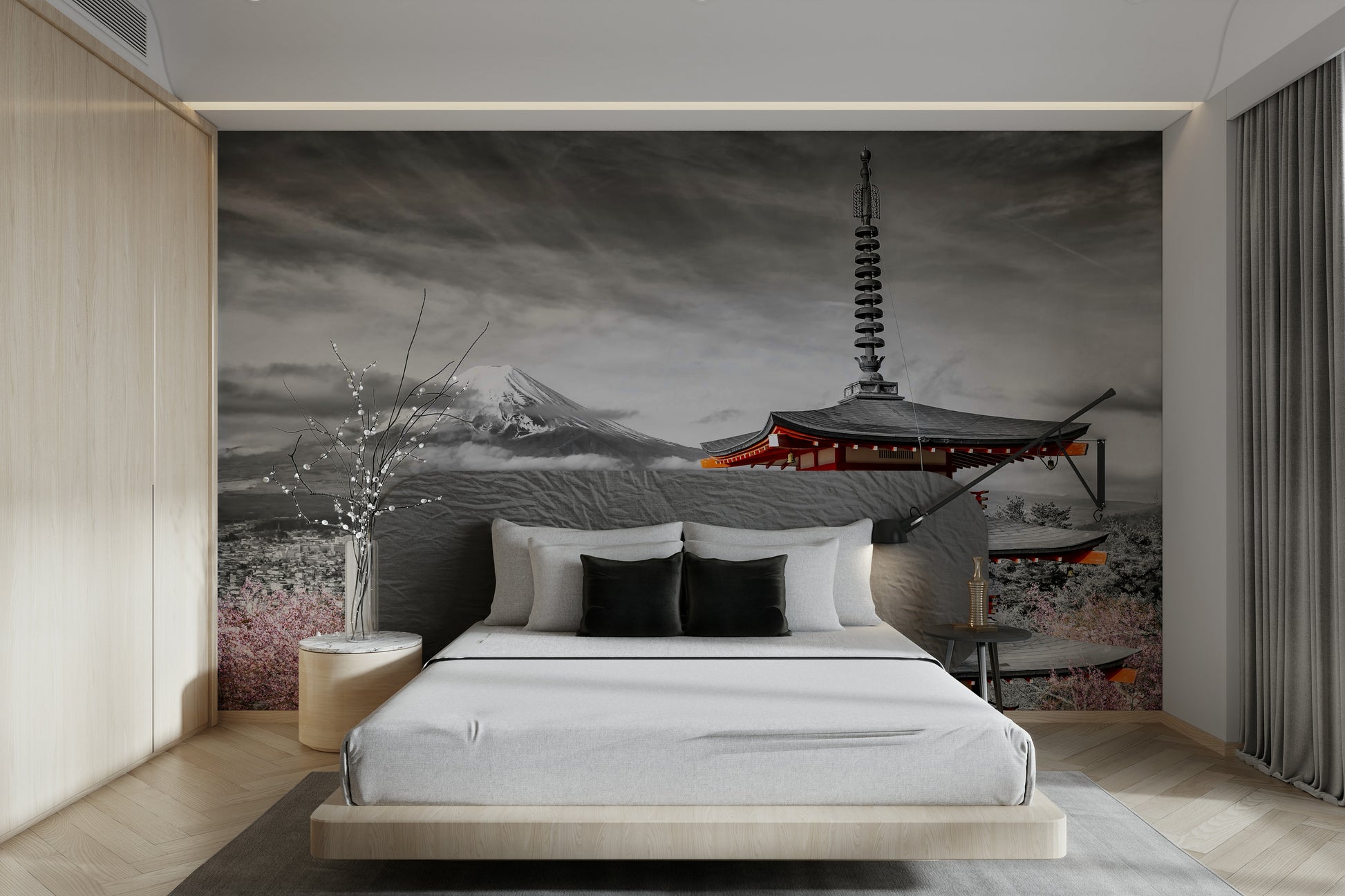 Monochrome and pink mural with cherry blossoms and pagoda

