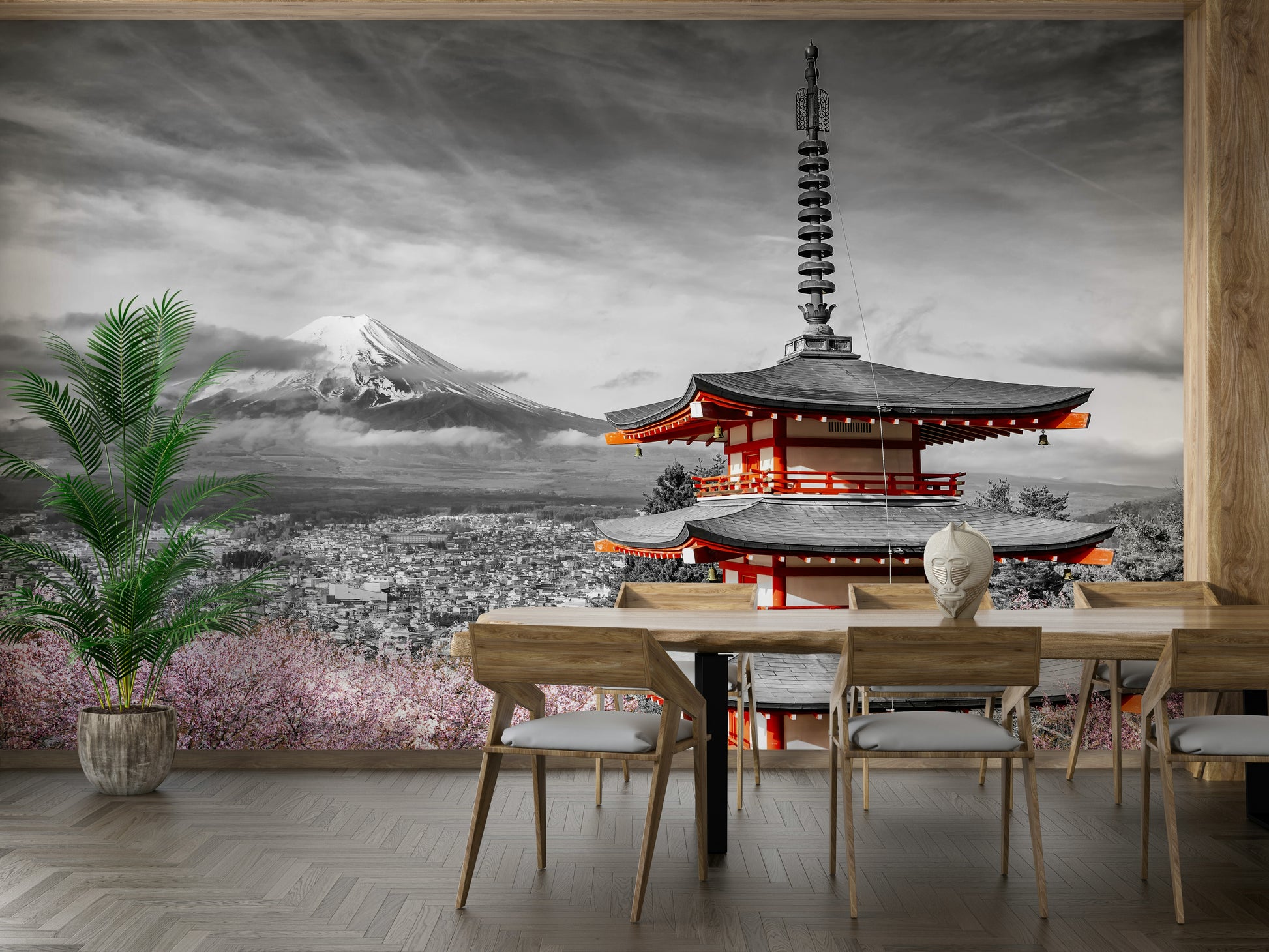 Japanese landscape mural with Fuji and Chureito Pagoda


