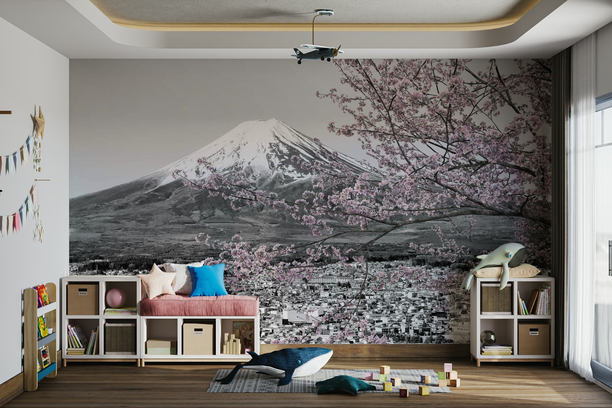 Peaceful wall mural of cherry season near Mount Fuji

