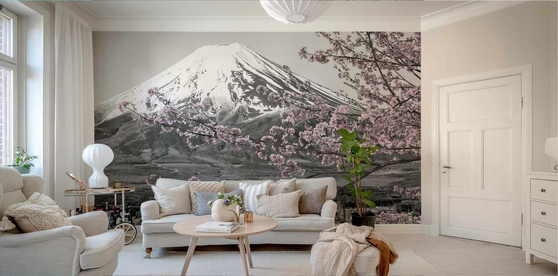 Colorkey mural wallpaper of Mount Fuji and sakura trees

