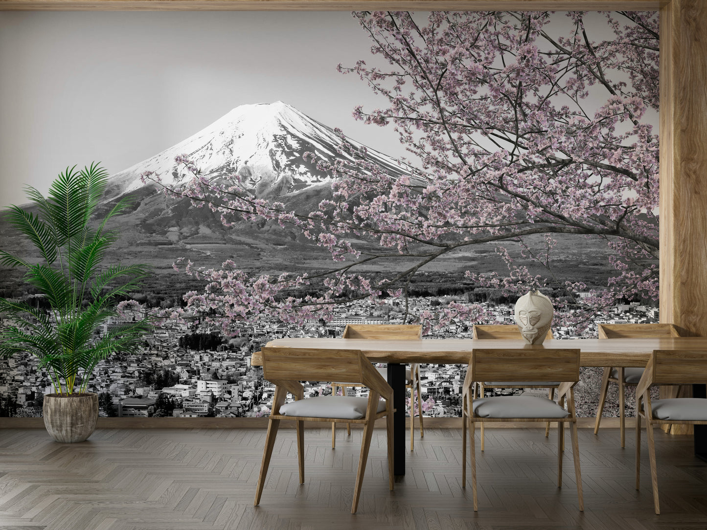 Japanese cityscape mural with cherry blossom branches

