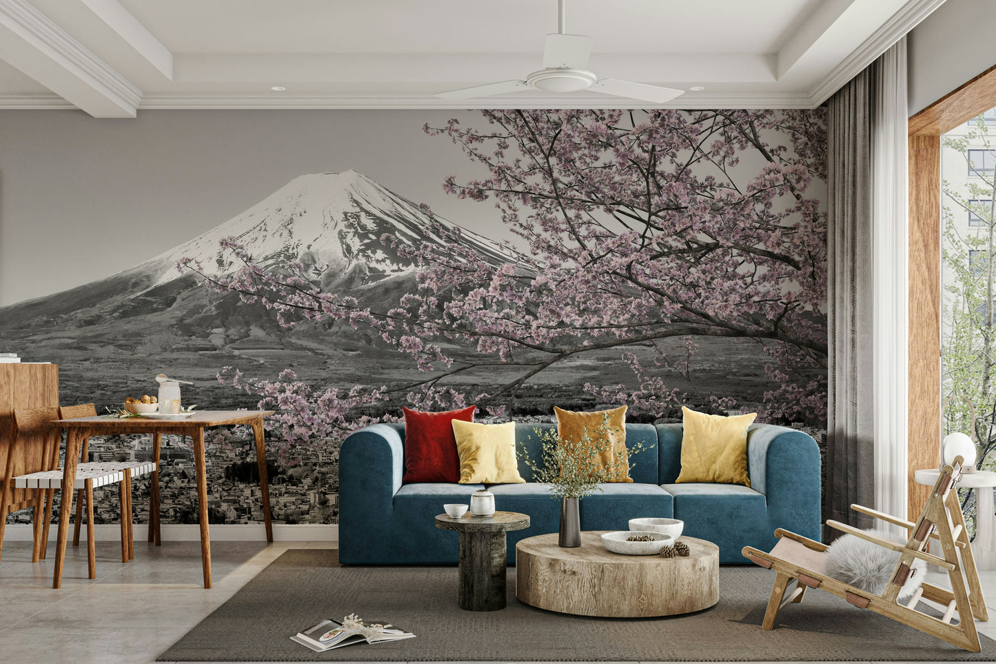 Black-and-white mural with pink cherry blossom highlights

