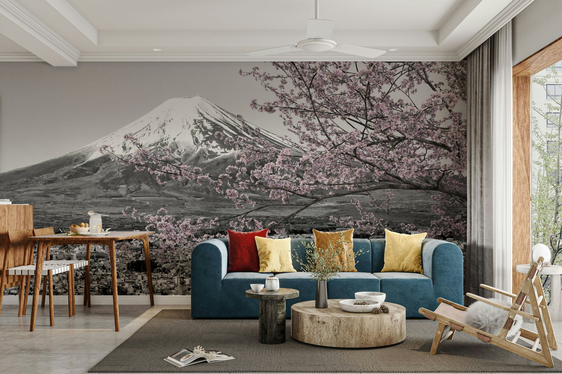 Black-and-white mural with pink cherry blossom highlights

